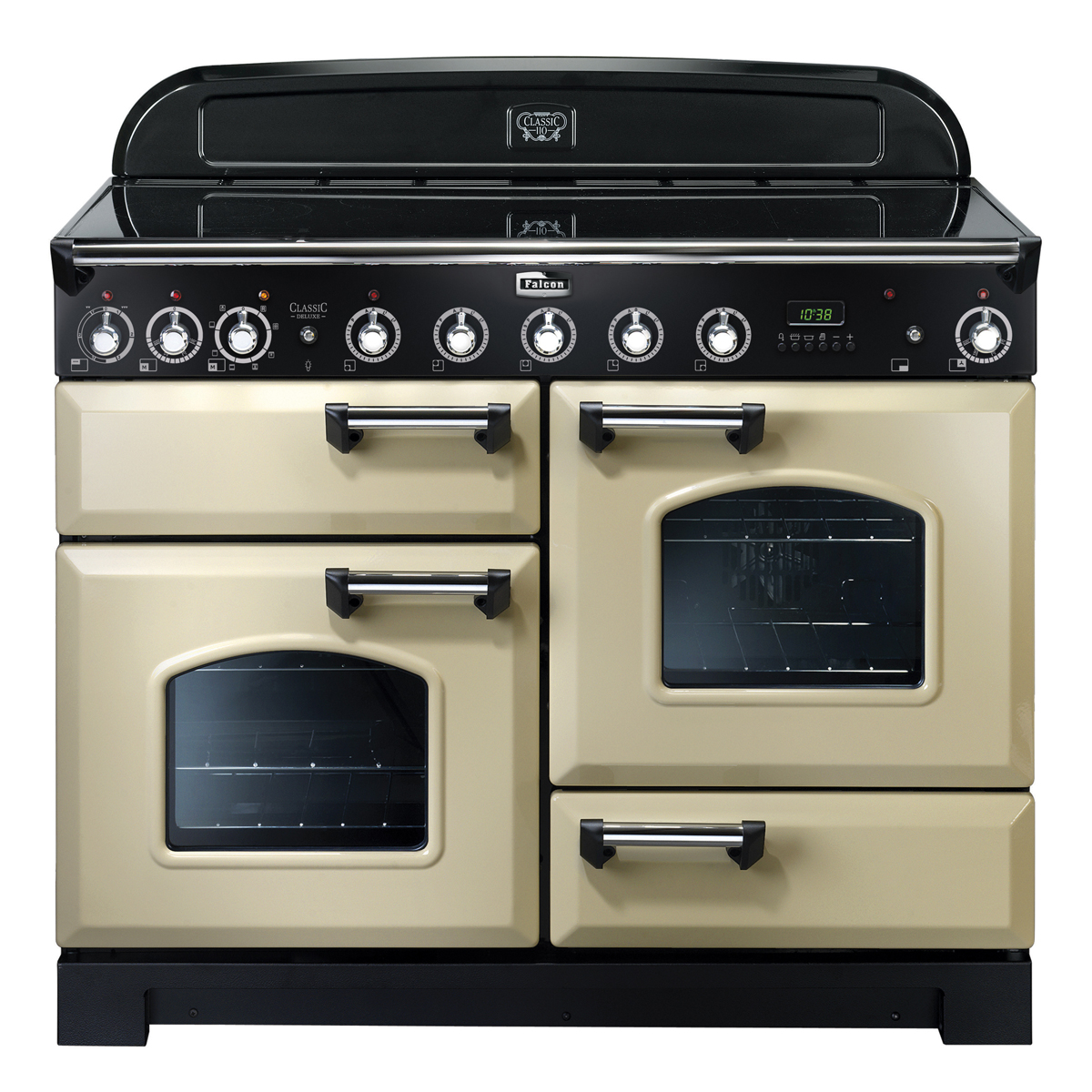Beiger Falcon Classic Deluxe 110 Induktionsherd mit vier Ofentüren, schwarzen Griffen und Bedienknöpfen, geeignet für große Küchen