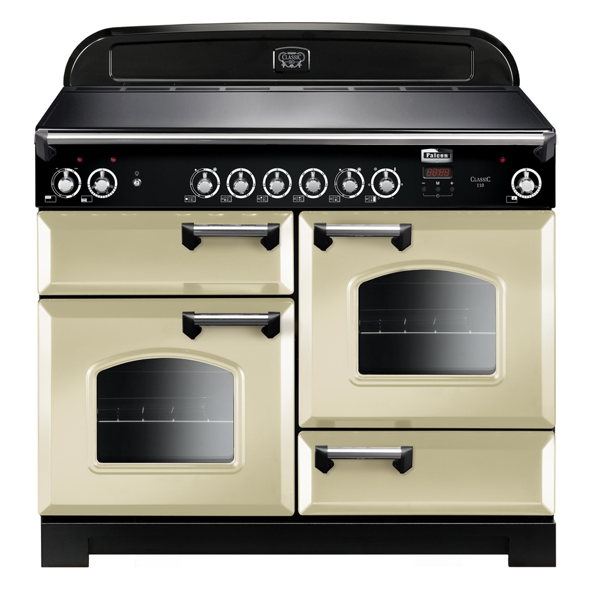 Falcon Classic 110 Standherd in Creme mit vier Backofentüren und schwarzer Bedienleiste, ideal für große Küchen