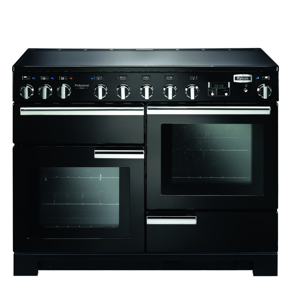 Moderner schwarzer Induktionsherd Falcon Professional Deluxe 110 mit zwei Backöfen, Grillschublade und Drehknöpfen
