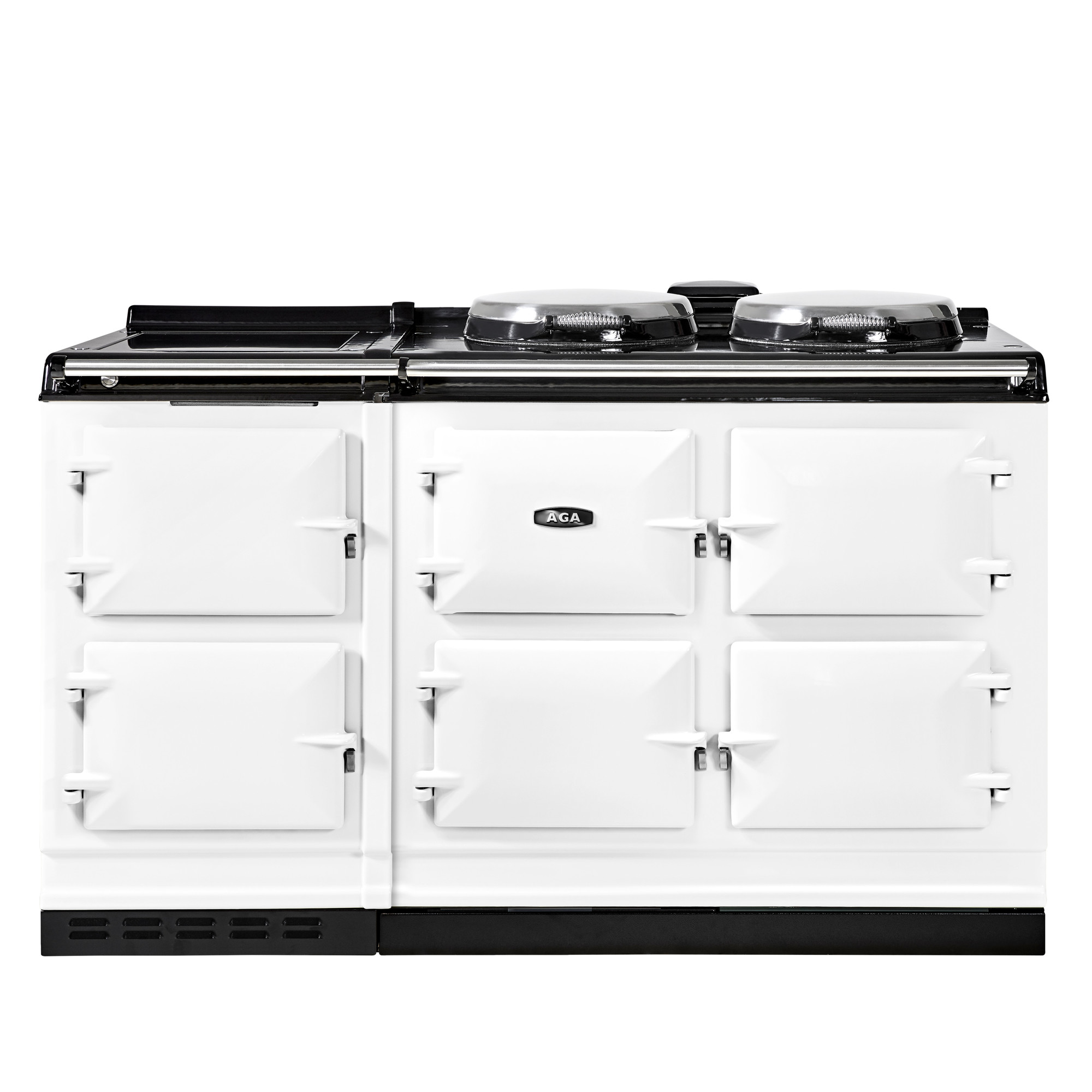 Weißer AGA Herd mit sechs Türen und zwei Kochplatten, hochwertiger Küchenherd für professionelles Kochen