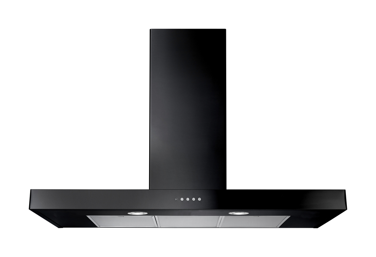 Schwarze Dunstabzugshaube zur Wandmontage mit moderner LED-Beleuchtung und zwei Edelstahl-Fettfiltern, ideal für eine stilvolle Küche