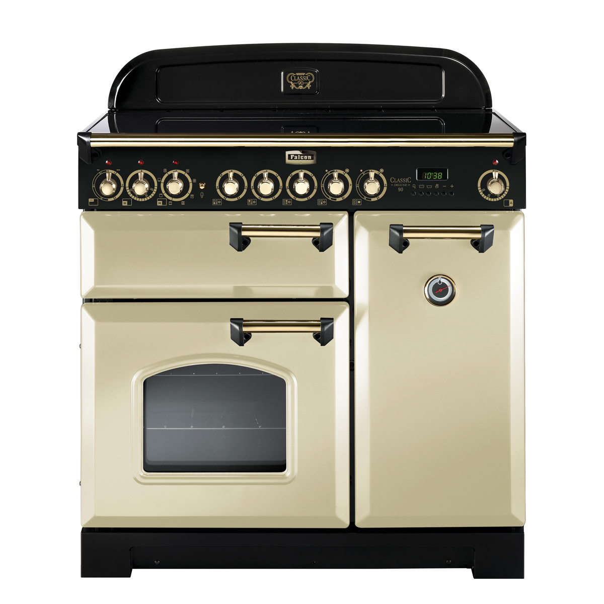 Falcon Classic Deluxe 110 Standherd in Creme mit schwarzen und goldenen Akzenten, mehrere Backöfen und Gasherd im Retro-Stil