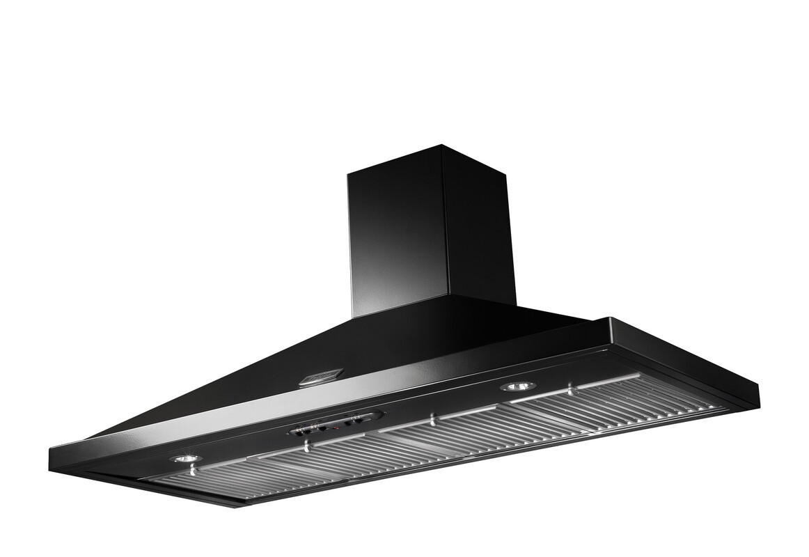 Schwarze Dunstabzugshaube mit Edelstahl-Fettfilter und LED-Beleuchtung für die Wandmontage in der Küche