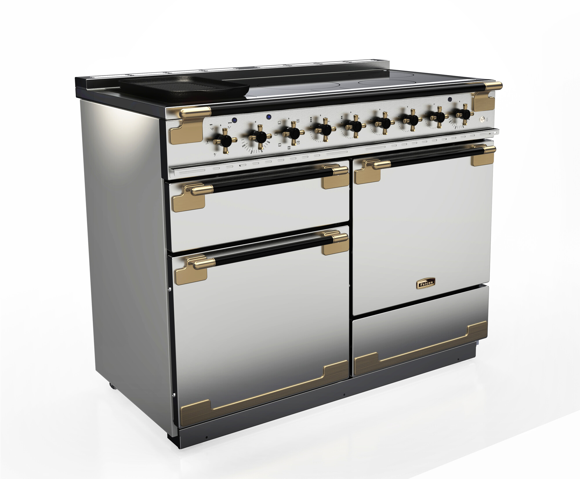 Großer Küchenherd aus Edelstahl mit goldfarbenen Akzenten, mehreren Backofentüren und Kochplatten, ideal für anspruchsvolles Kochen