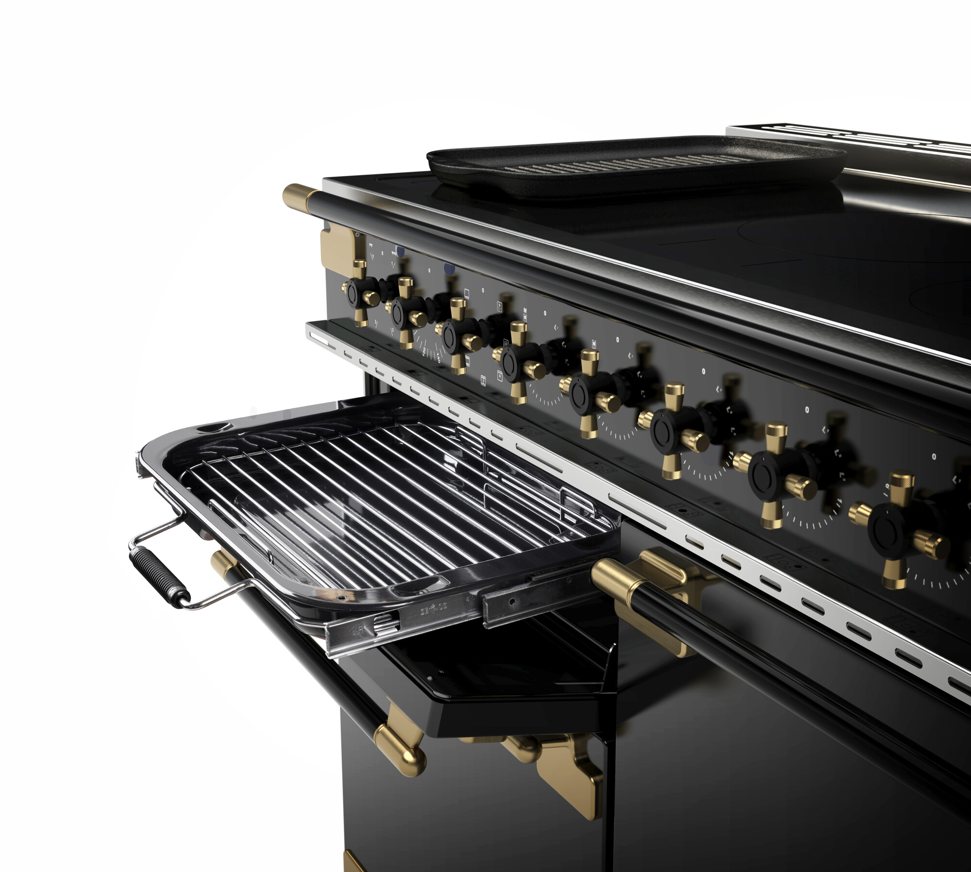 Schwarzer Herd mit mehreren goldenen Drehknöpfen und geöffnetem Backofen, Grillrost sichtbar, elegantes Design für moderne Küchen