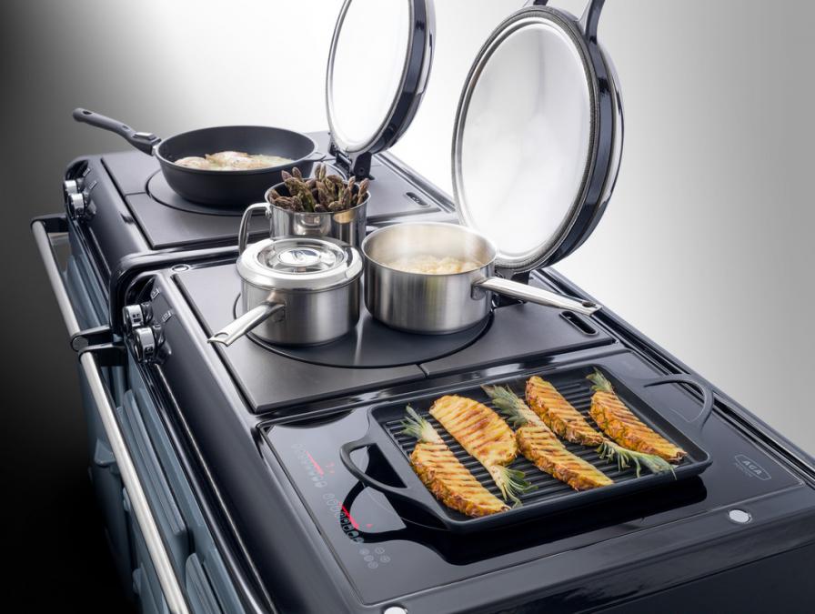 Ein moderner Herd mit zwei Kochfeldern, auf denen verschiedene Töpfe, Pfannen und eine Grillplatte mit gegrillten Fischfilets und Kräutern stehen